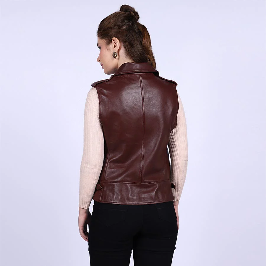 Saint Micaela Burgundy Leather Women Collar Jackets - Image 4