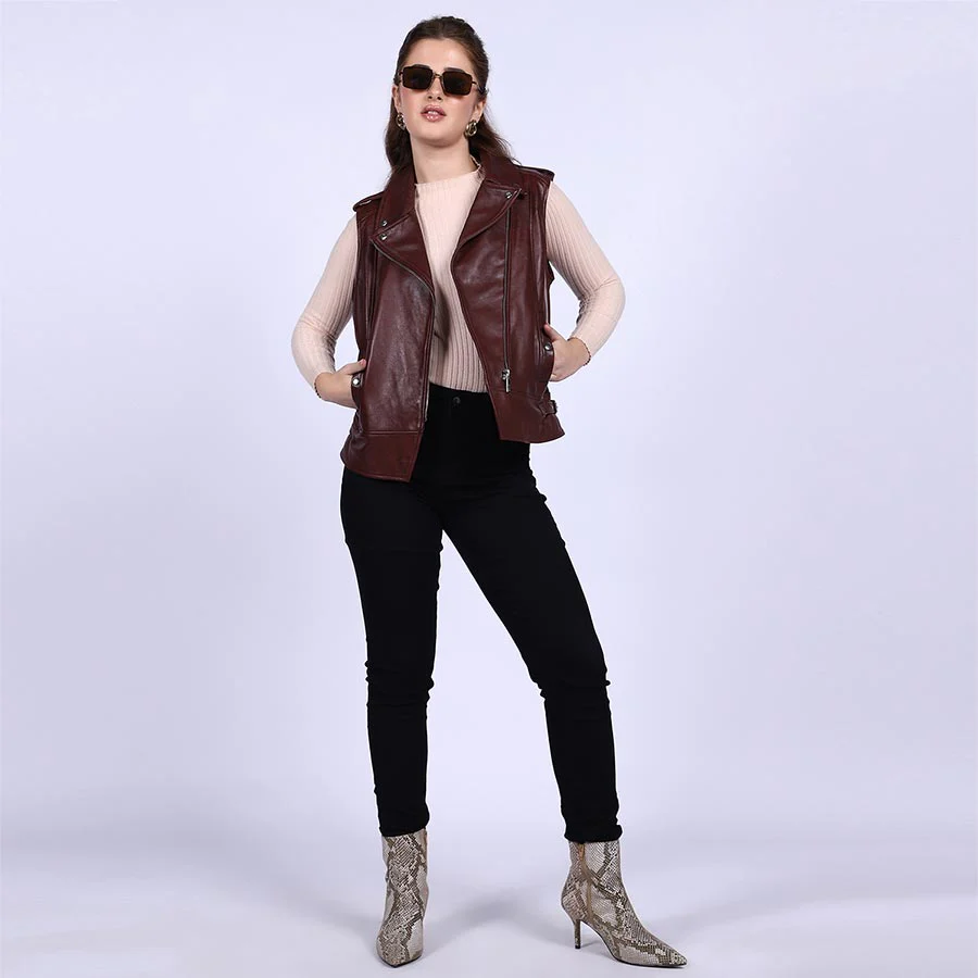 Saint Micaela Burgundy Leather Women Collar Jackets - Image 5