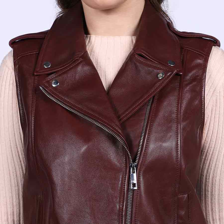 Saint Micaela Burgundy Leather Women Collar Jackets - Image 7
