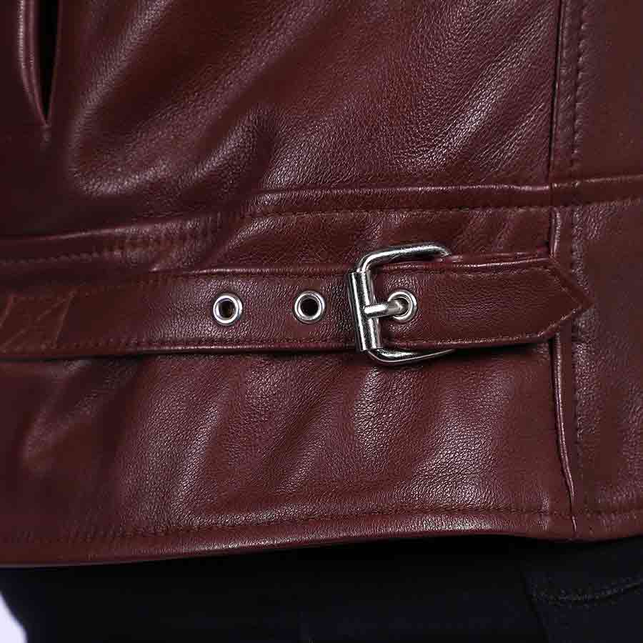 Saint Micaela Burgundy Leather Women Collar Jackets - Image 8