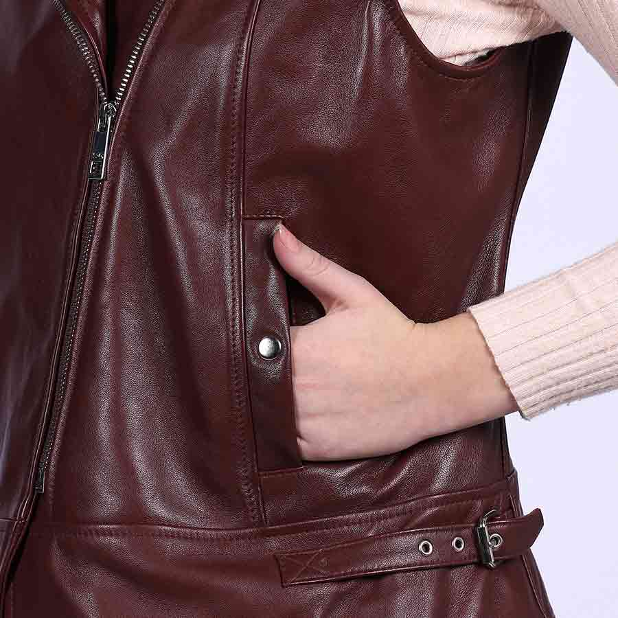 Saint Micaela Burgundy Leather Women Collar Jackets - Image 9