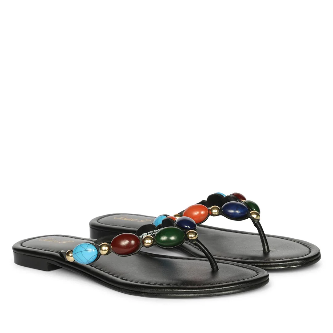 Saint Milira Multi Stone Black Leather Flats - Image 2