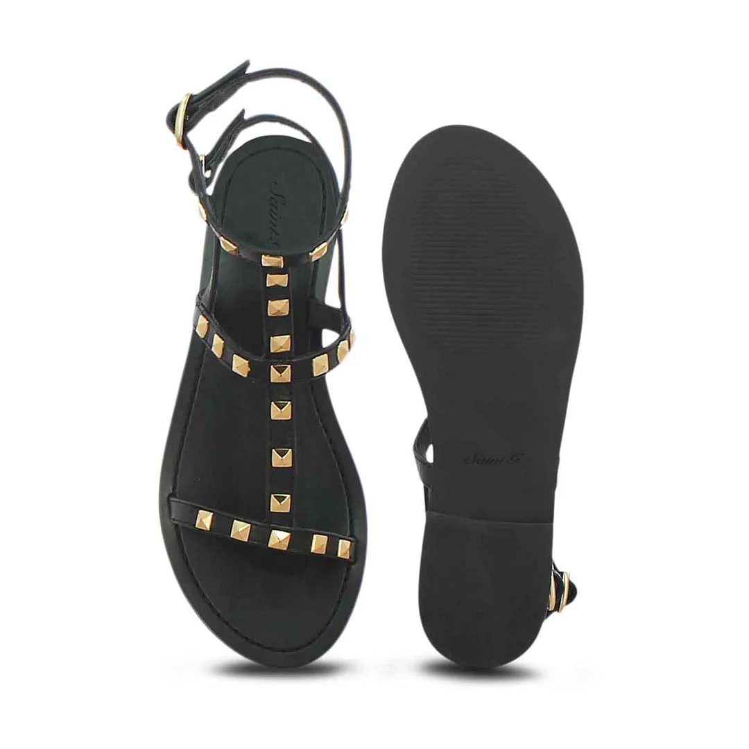 Saint Miriam Black Leather Flat Sandals - Image 6