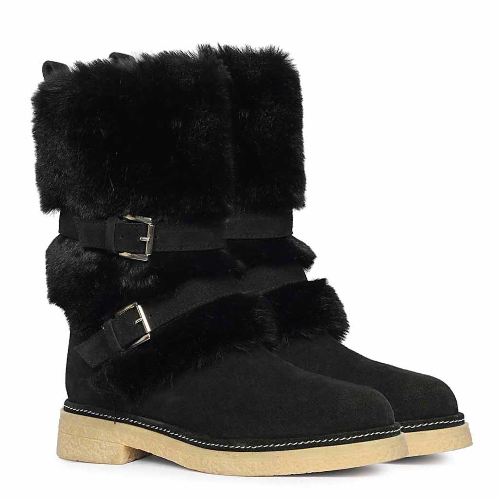 Saint Montova Black Leather Shearling Buckle Fur Boots - Image 3