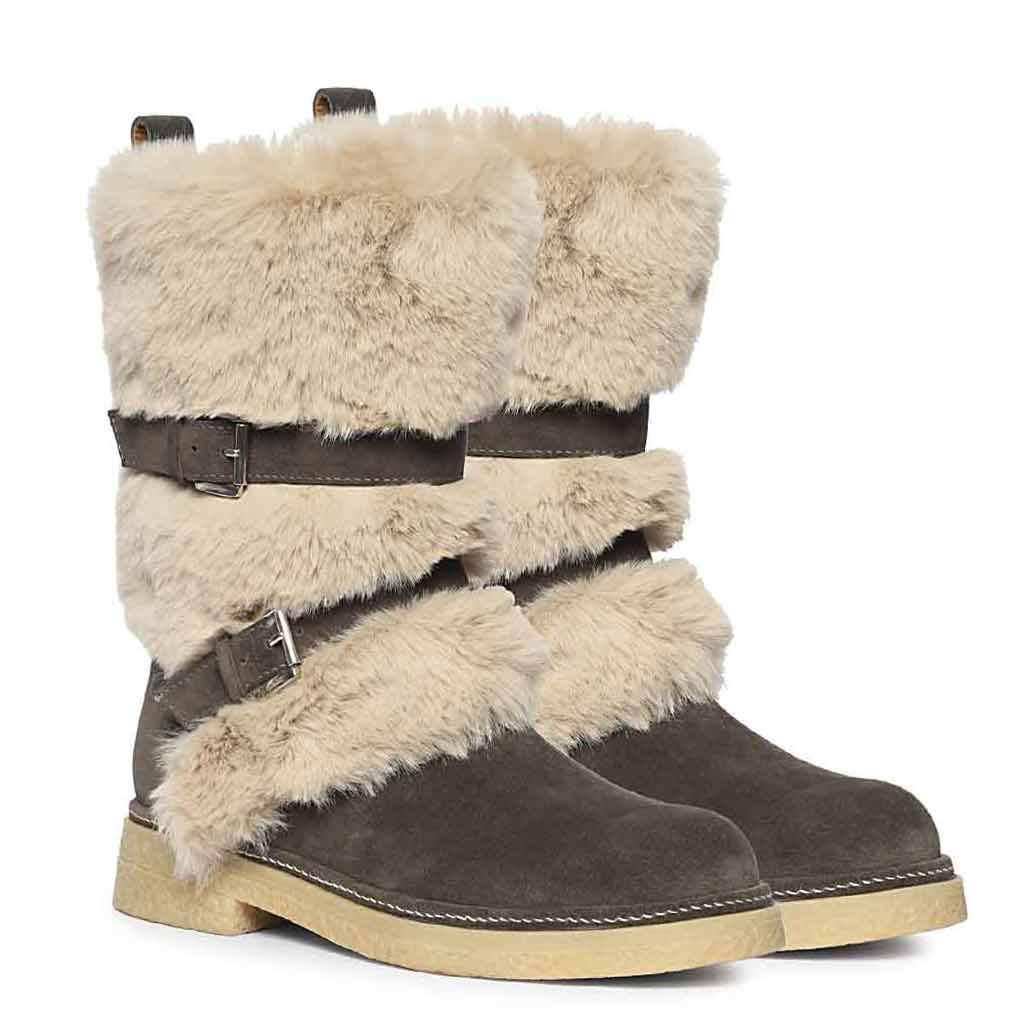 Saint Montova Charcoal Leather Shearling Buckle Fur Boots - Image 2