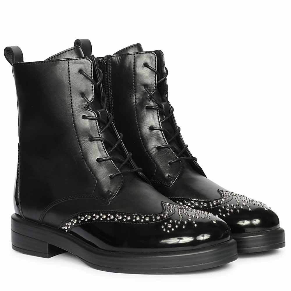 Saint Myla Studded Wingtip Inspired Lace Up Leather Boots - Image 2