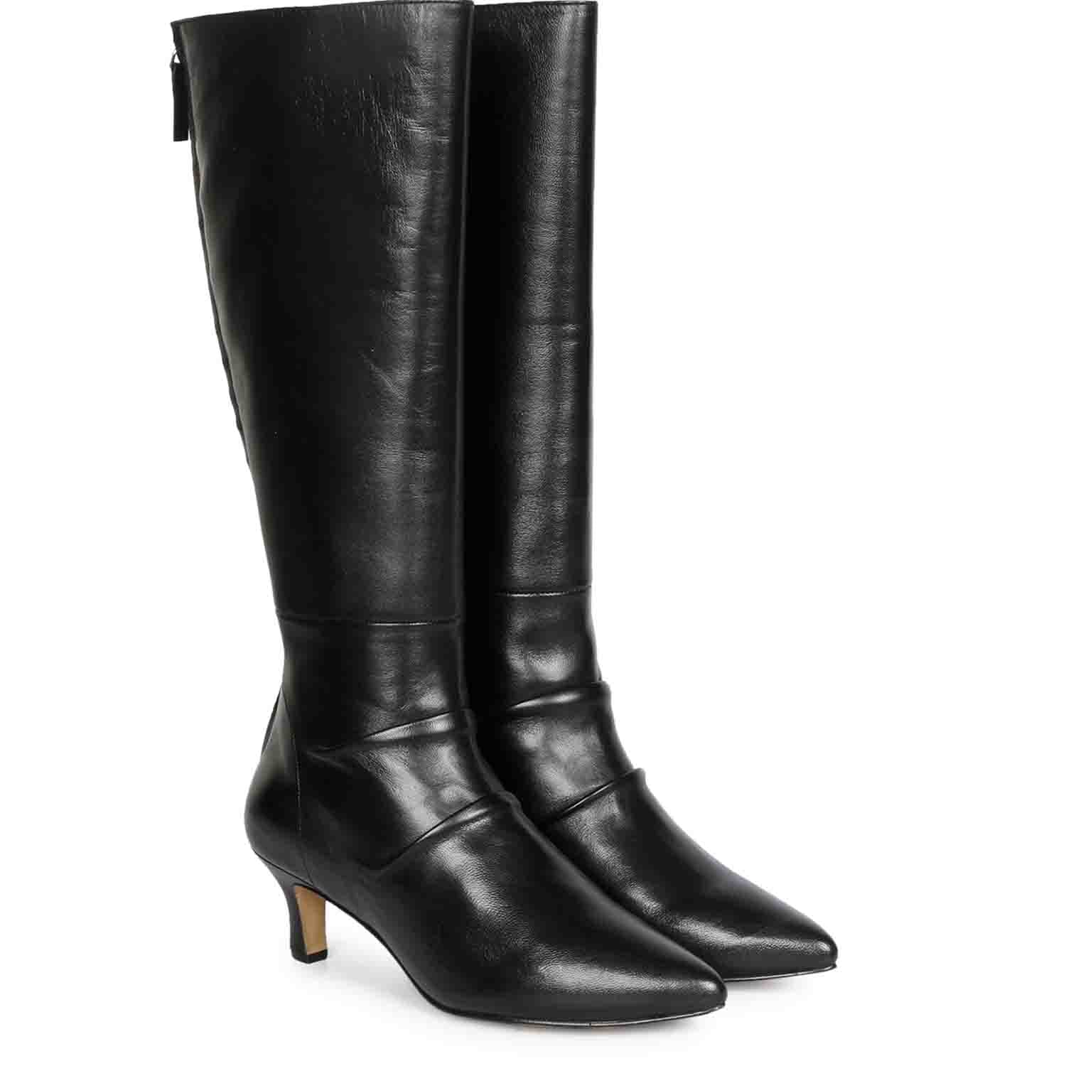 Saint Nadine Black Leather Slouchy Kitten Heel Long Boots - Image 3