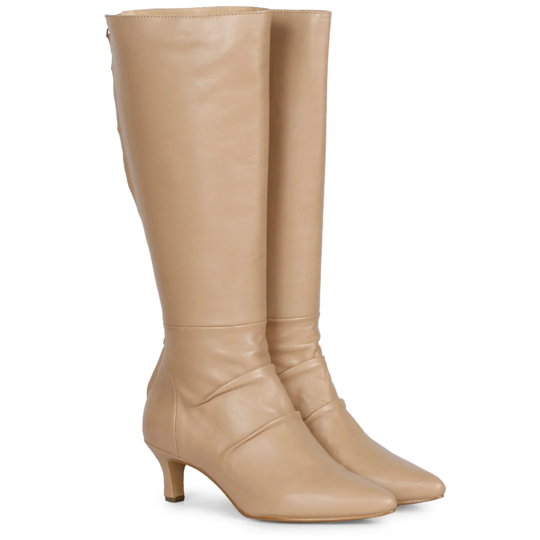 Saint Nadine Nude Leather Slouchy Kitten Heel Long Boots - Image 3