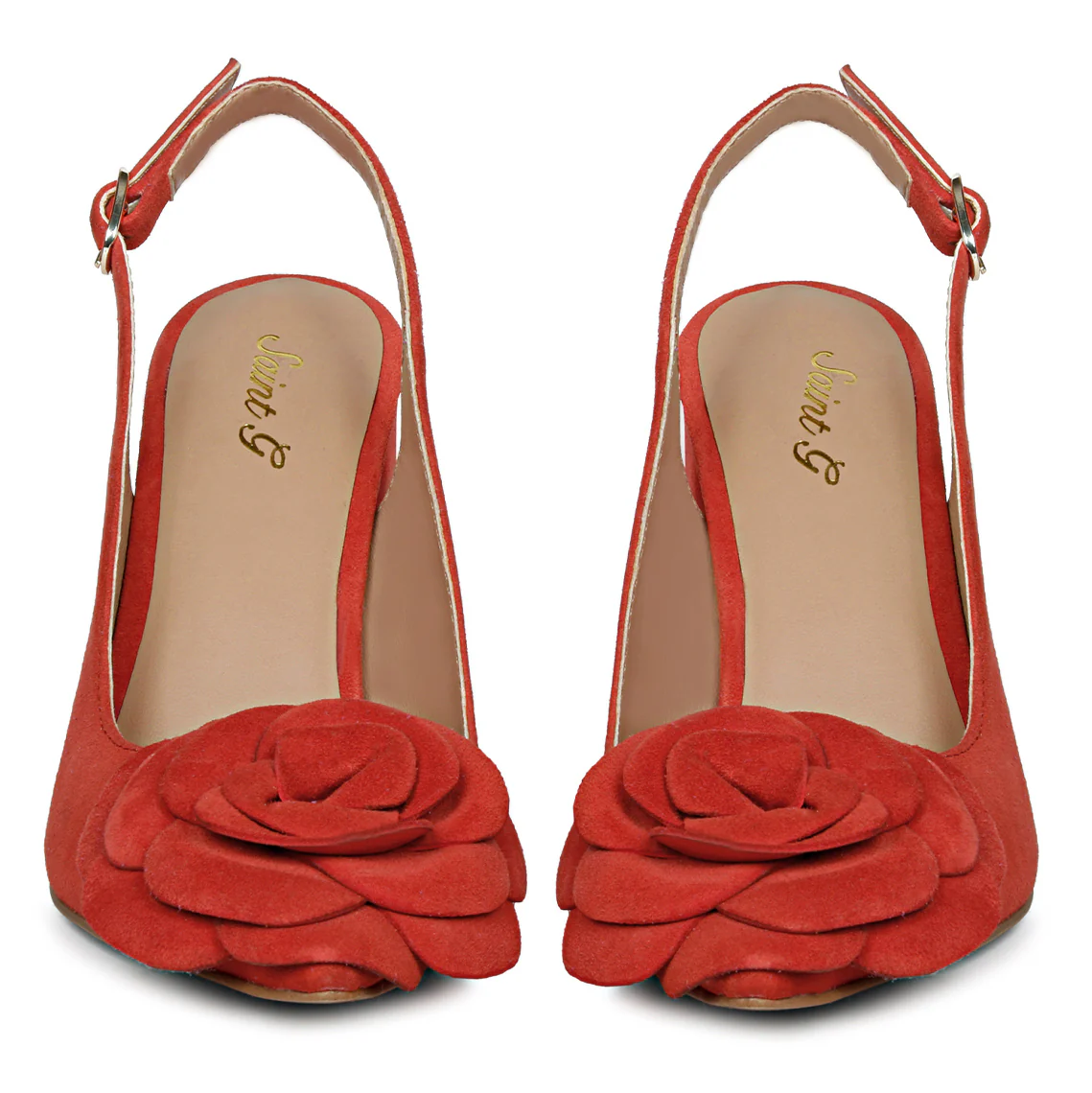 Saint Naiya Flower Embellished Red Suede Leather Heels - Image 4