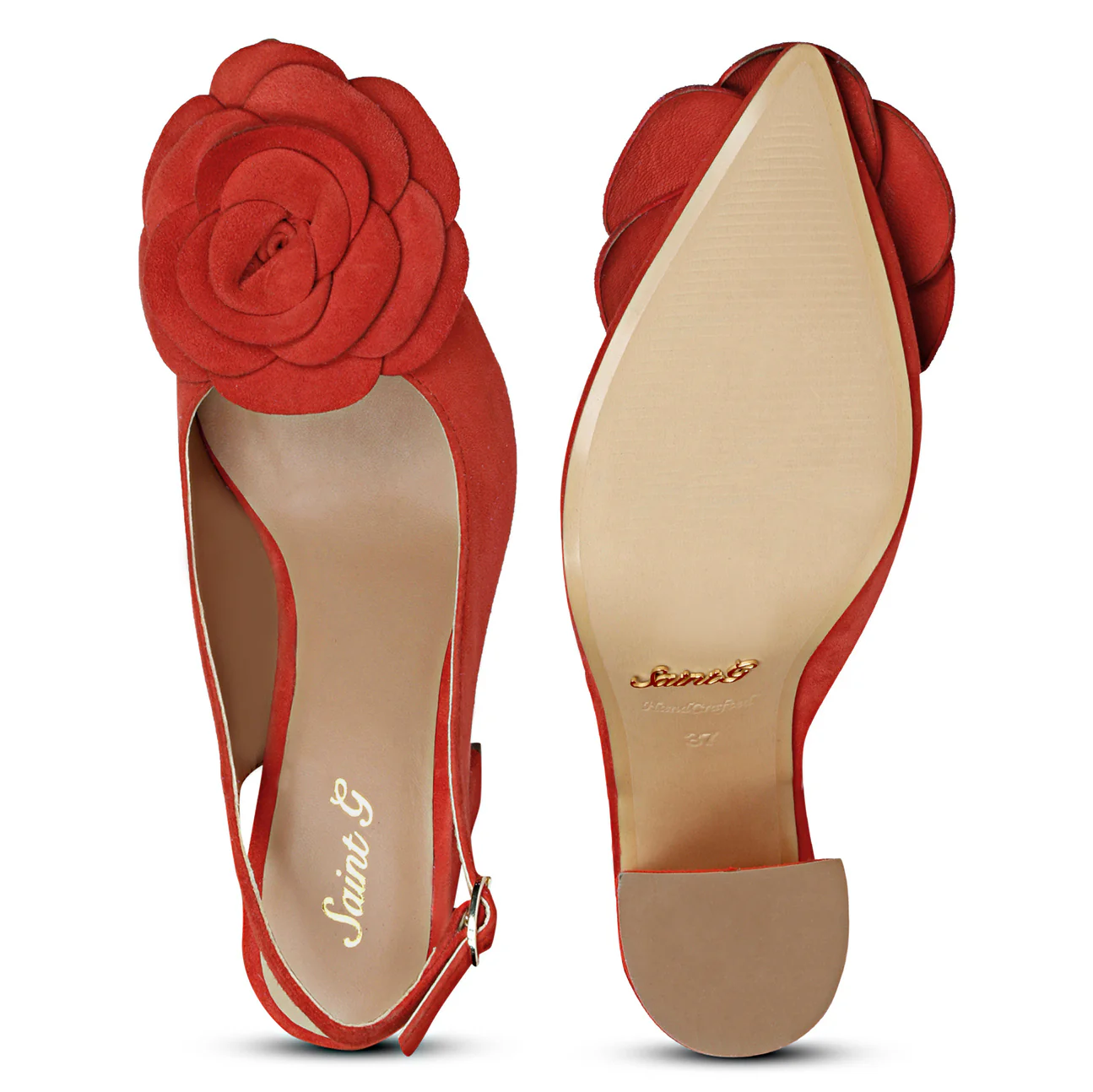 Saint Naiya Flower Embellished Red Suede Leather Heels - Image 6