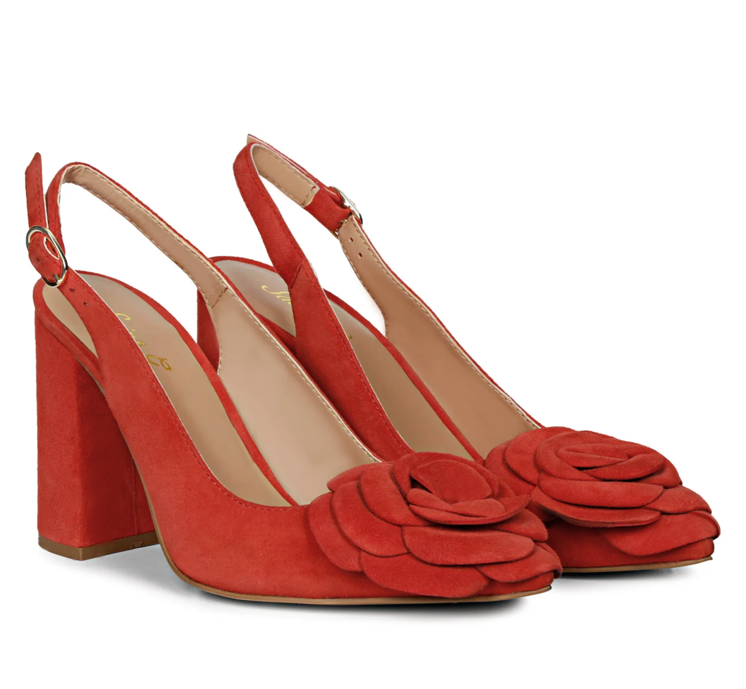 Saint Naiya Flower Embellished Red Suede Leather Heels - Image 7