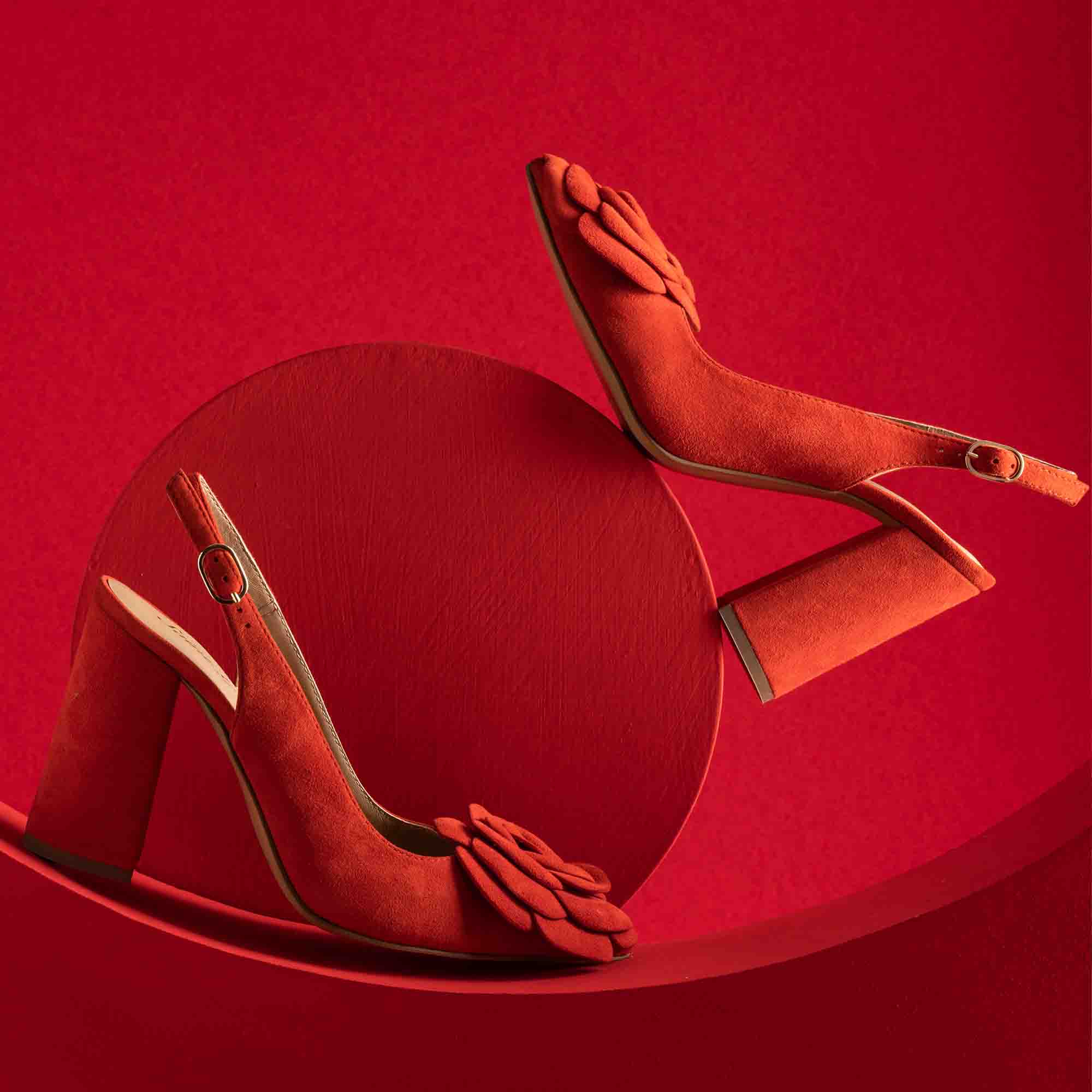 Saint Naiya Flower Embellished Red Suede Leather Heels - Image 9