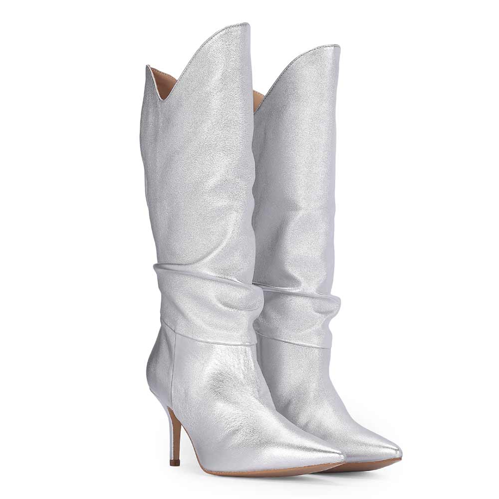 Saint Nayeli Silver Metallic Leather Calf Length Slouch Boots - Image 3