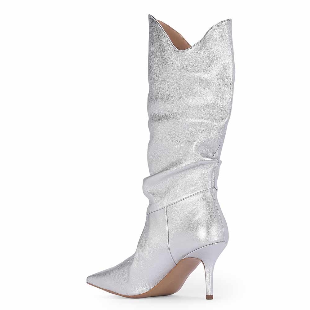 Saint Nayeli Silver Metallic Leather Calf Length Slouch Boots - Image 5