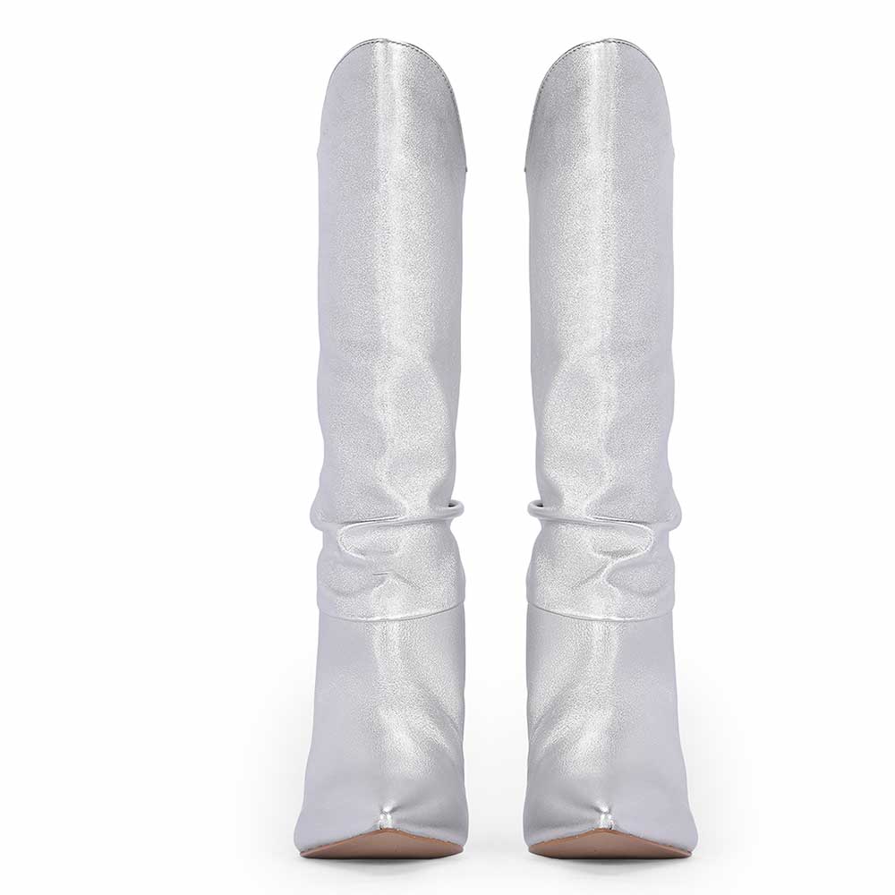Saint Nayeli Silver Metallic Leather Calf Length Slouch Boots - Image 6
