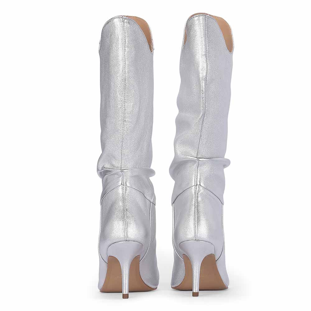 Saint Nayeli Silver Metallic Leather Calf Length Slouch Boots - Image 7