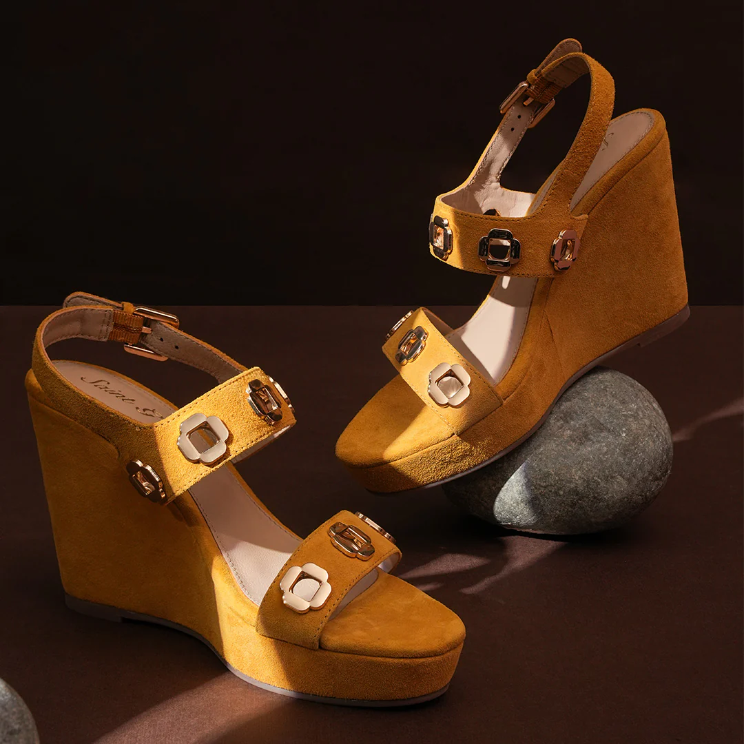 Saint Nerina Golden Mustard Suede Leather Wedge Heels - Image 2