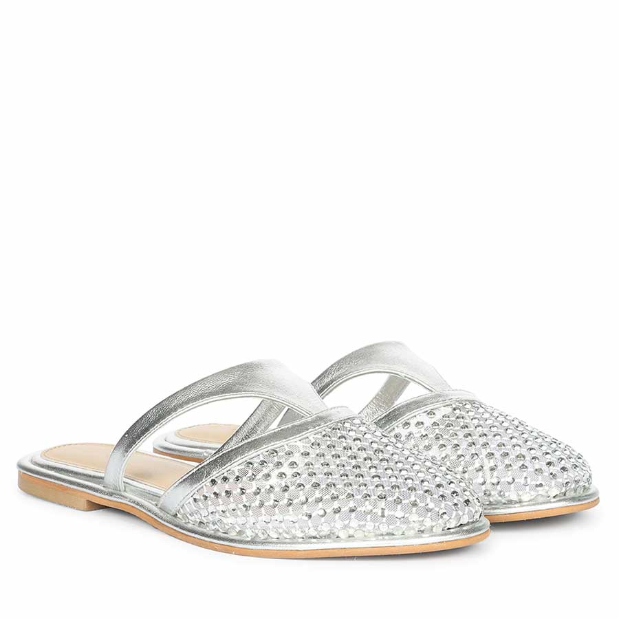 Saint Nerissa Crystal Mesh Silver Leather Mule Flats - Image 2