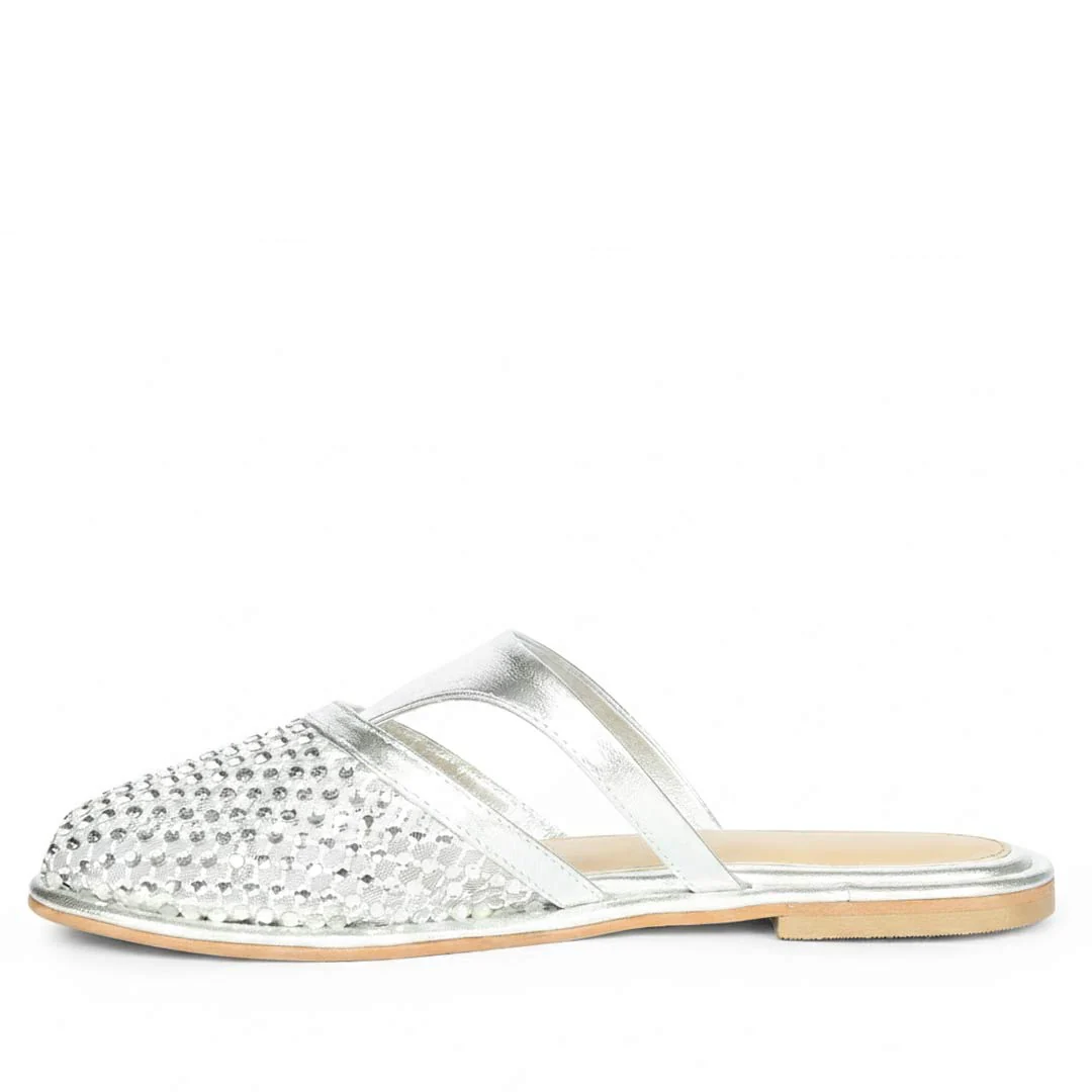 Saint Nerissa Crystal Mesh Silver Leather Mule Flats - Image 3