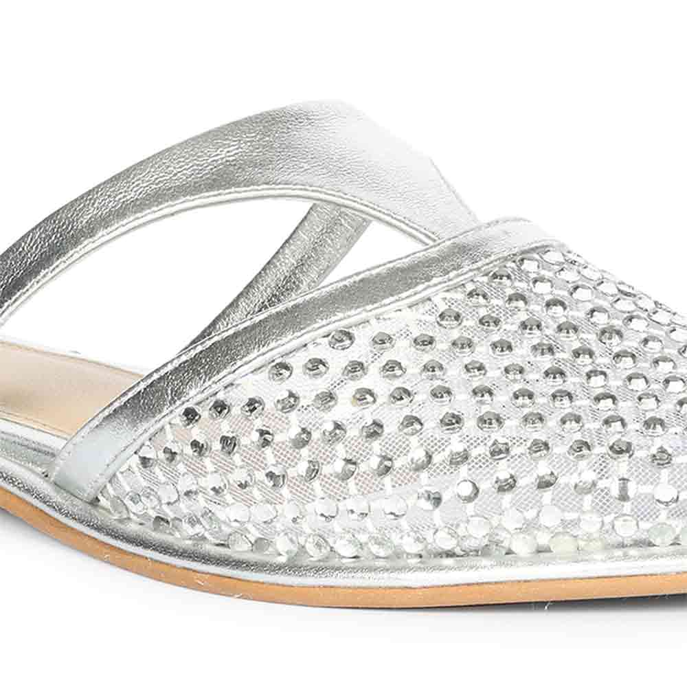 Saint Nerissa Crystal Mesh Silver Leather Mule Flats - Image 6