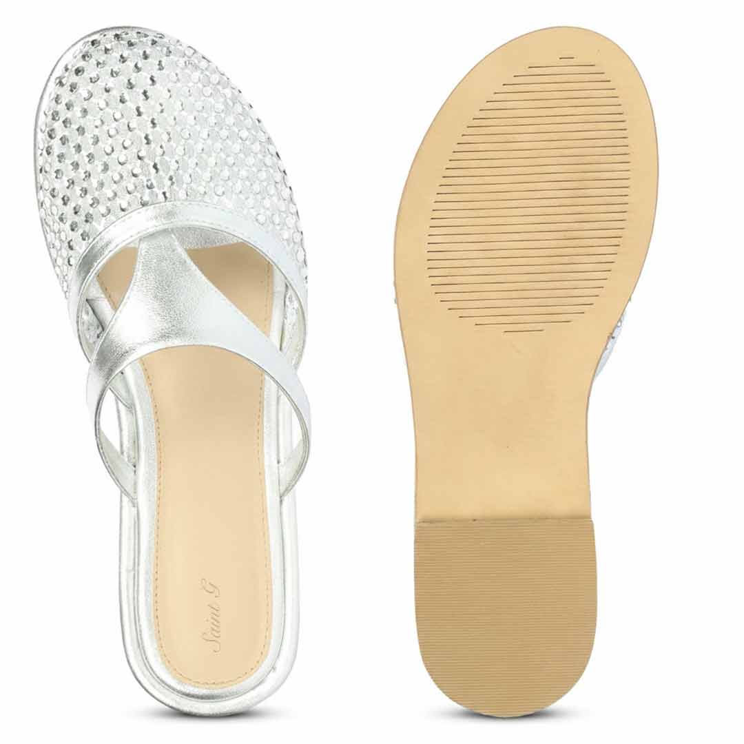 Saint Nerissa Crystal Mesh Silver Leather Mule Flats - Image 7