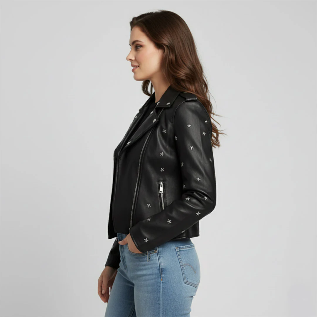Saint Neve Black Leather Women Collar Jackets - Image 2