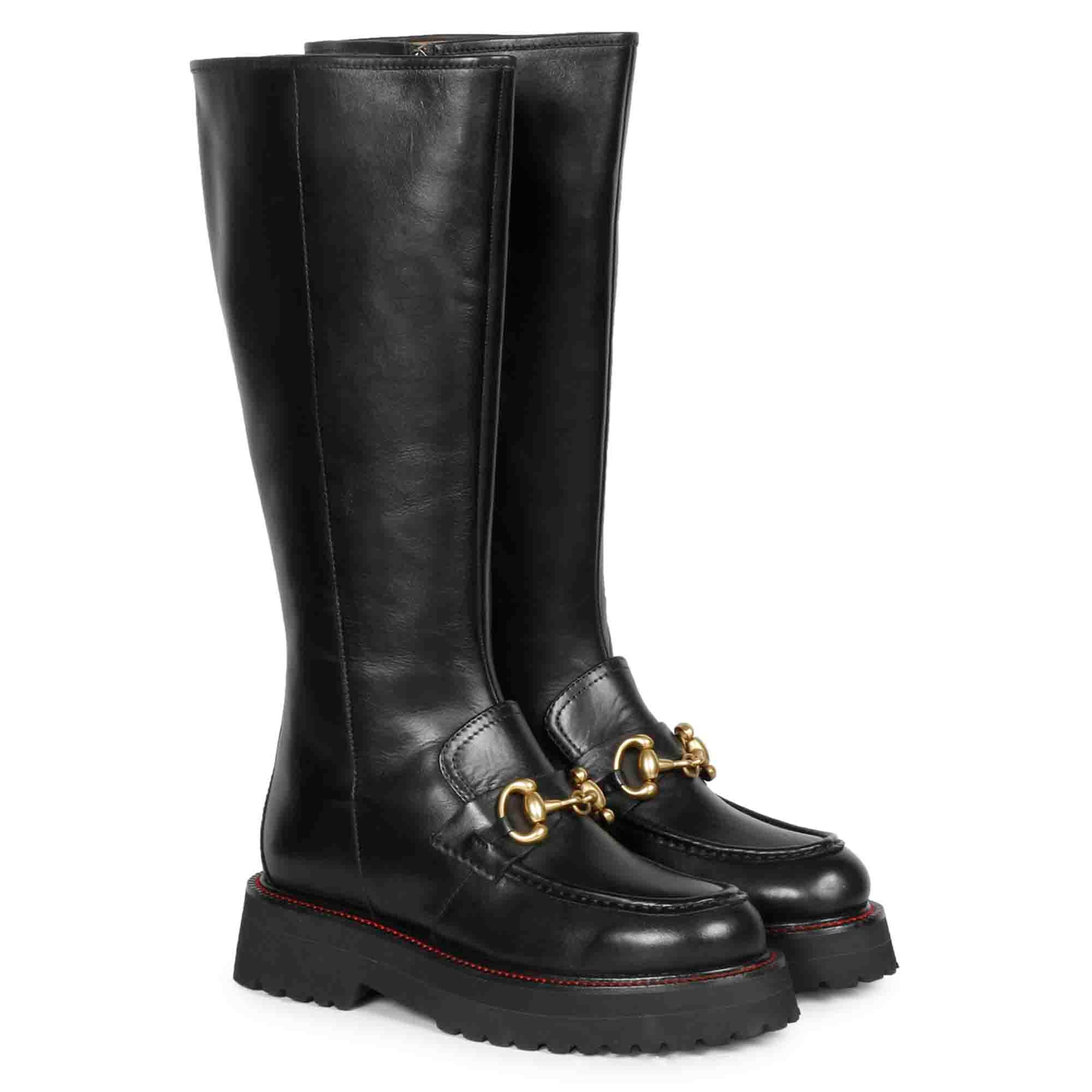 Saint Noble Black Leather Horse Bit Décor Long Boots - Image 2