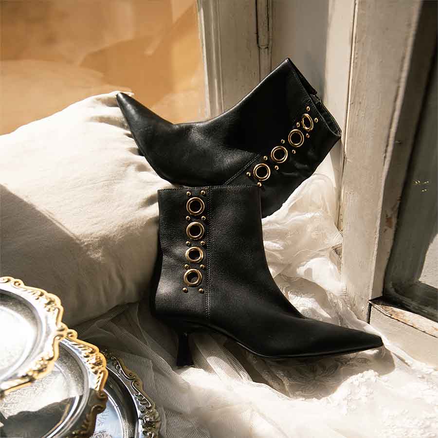 Saint Noelle Embellished Black Leather Kitten Heel Ankle Boots - Image 2