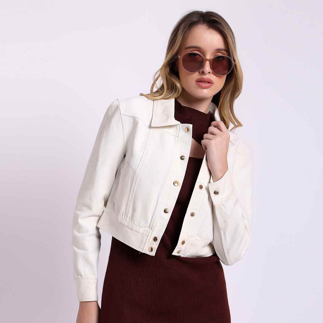 Saint Noemi Women White Denim Collar Jackets