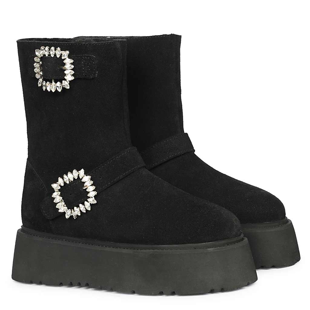 Saint Nordova Crystal Buckle Black Suede Leather Snug Boots - Image 2