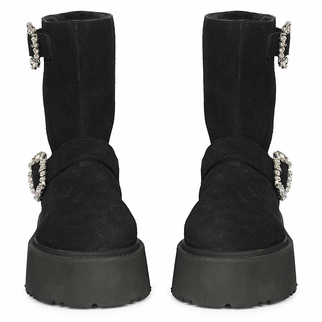 Saint Nordova Crystal Buckle Black Suede Leather Snug Boots - Image 4