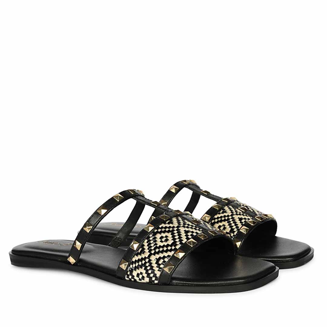 Saint Nylah Raffia & Pyramid Stud Black Leather Slide - Image 3