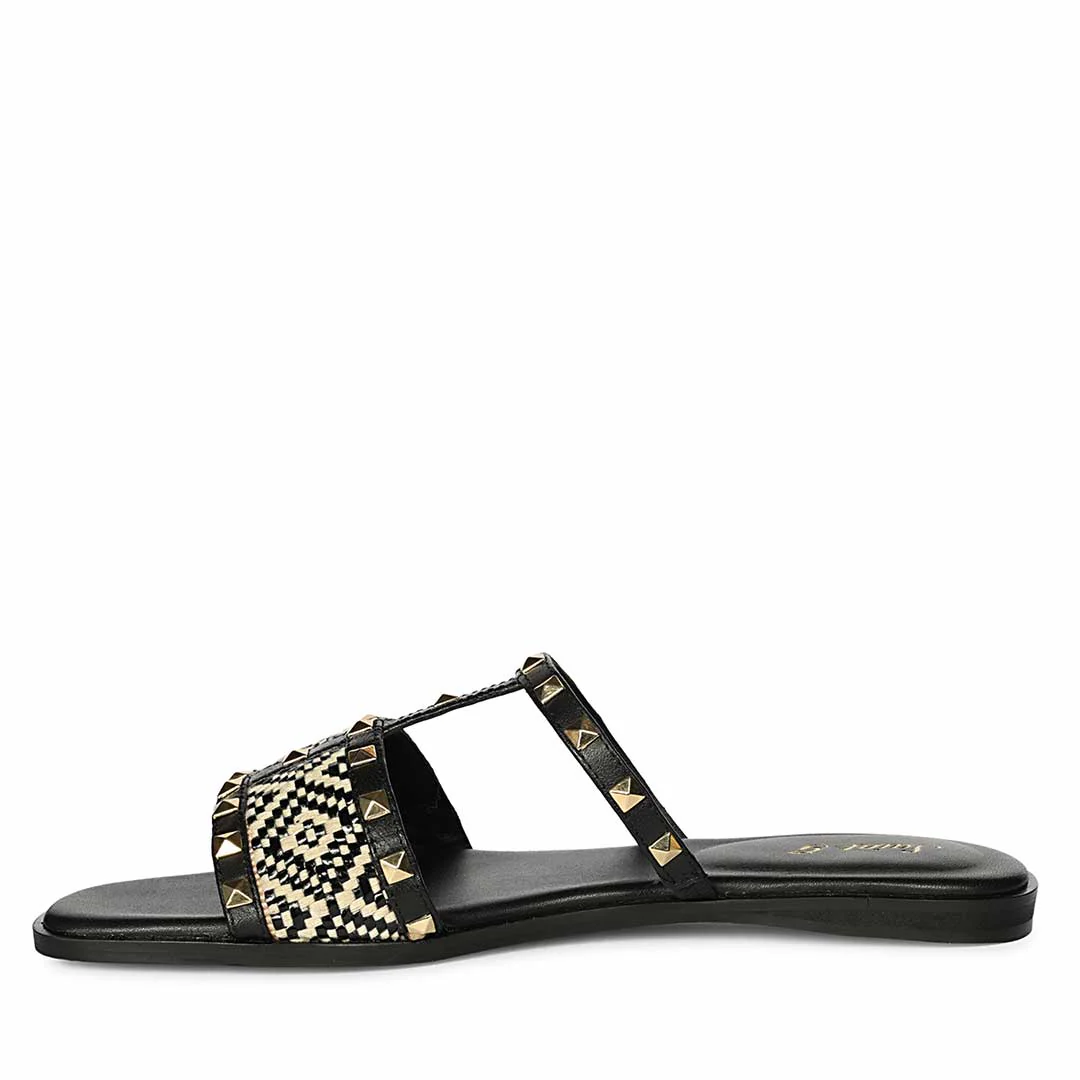 Saint Nylah Raffia & Pyramid Stud Black Leather Slide - Image 4
