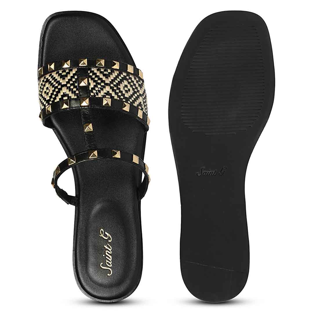 Saint Nylah Raffia & Pyramid Stud Black Leather Slide - Image 7