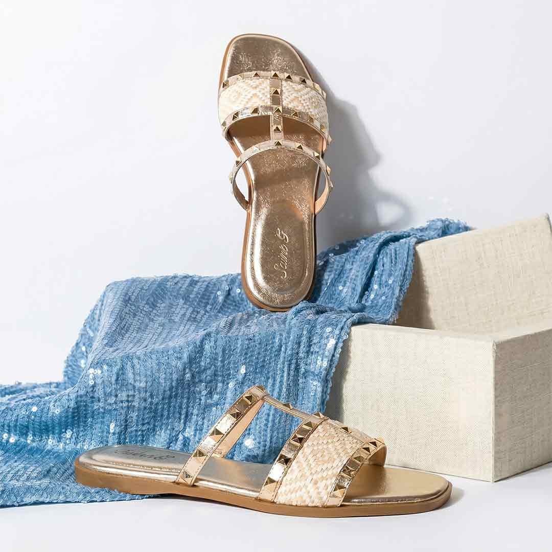 Saint Nylah Raffia & Pyramid Stud Metallic Gold Leather Slide - Image 2