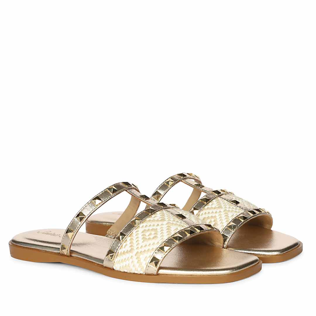 Saint Nylah Raffia & Pyramid Stud Metallic Gold Leather Slide - Image 3