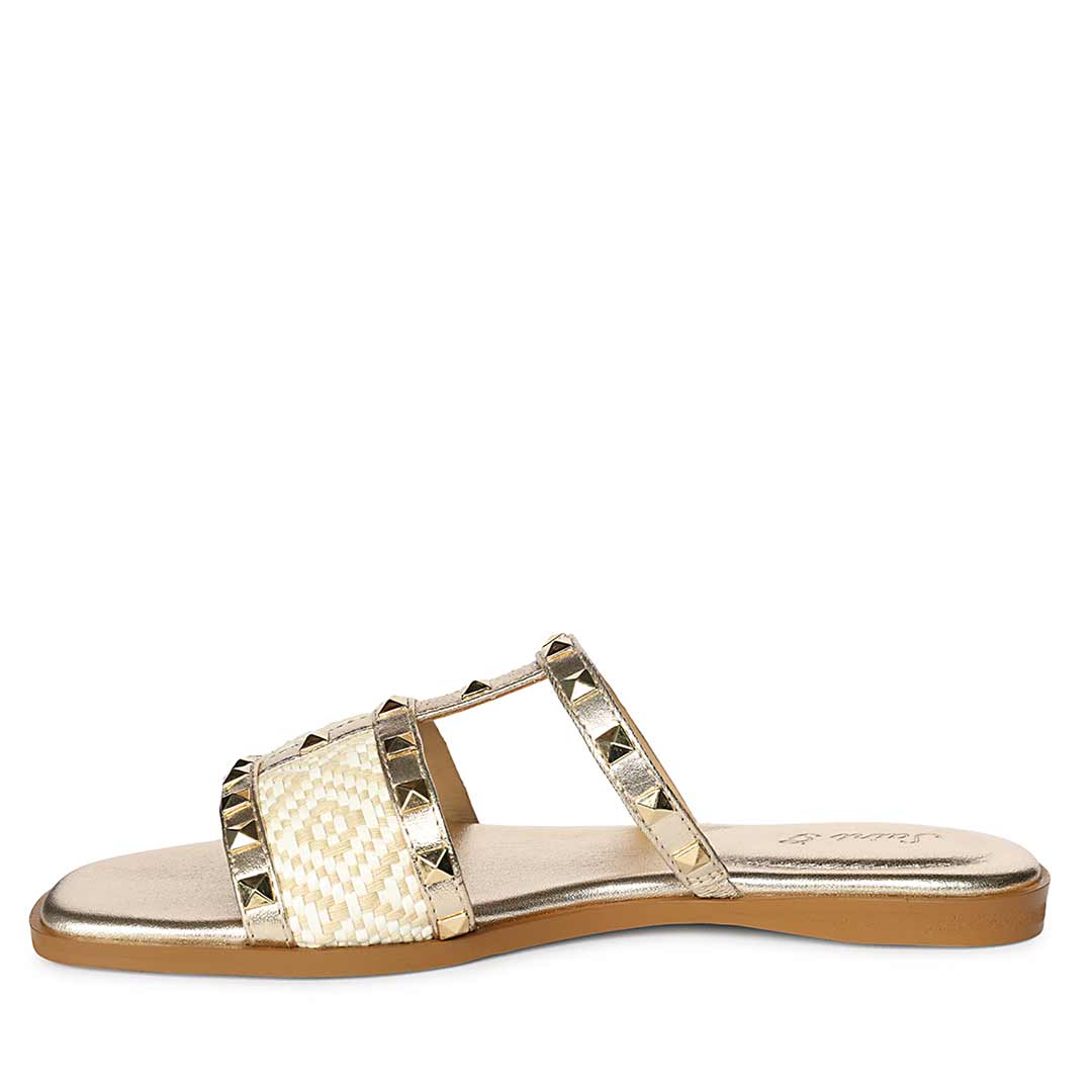 Saint Nylah Raffia & Pyramid Stud Metallic Gold Leather Slide - Image 4