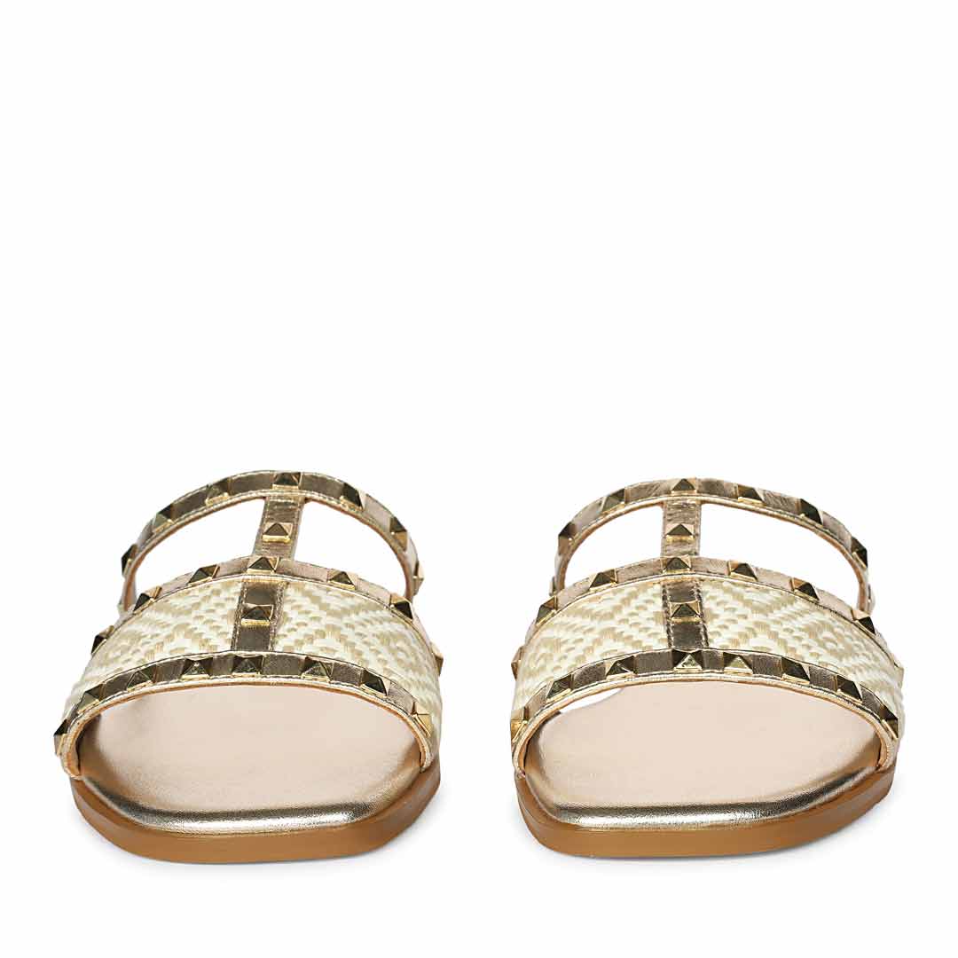Saint Nylah Raffia & Pyramid Stud Metallic Gold Leather Slide - Image 5