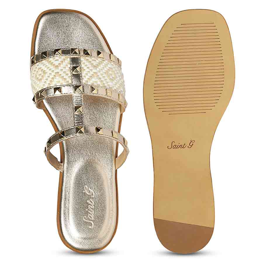 Saint Nylah Raffia & Pyramid Stud Metallic Gold Leather Slide - Image 7