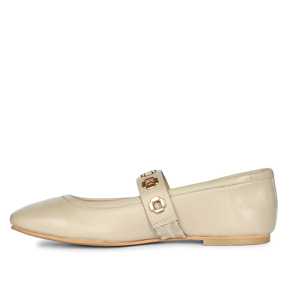 Saint Olwen Flower Eyelets Beige Leather Ballet Flats - Image 3