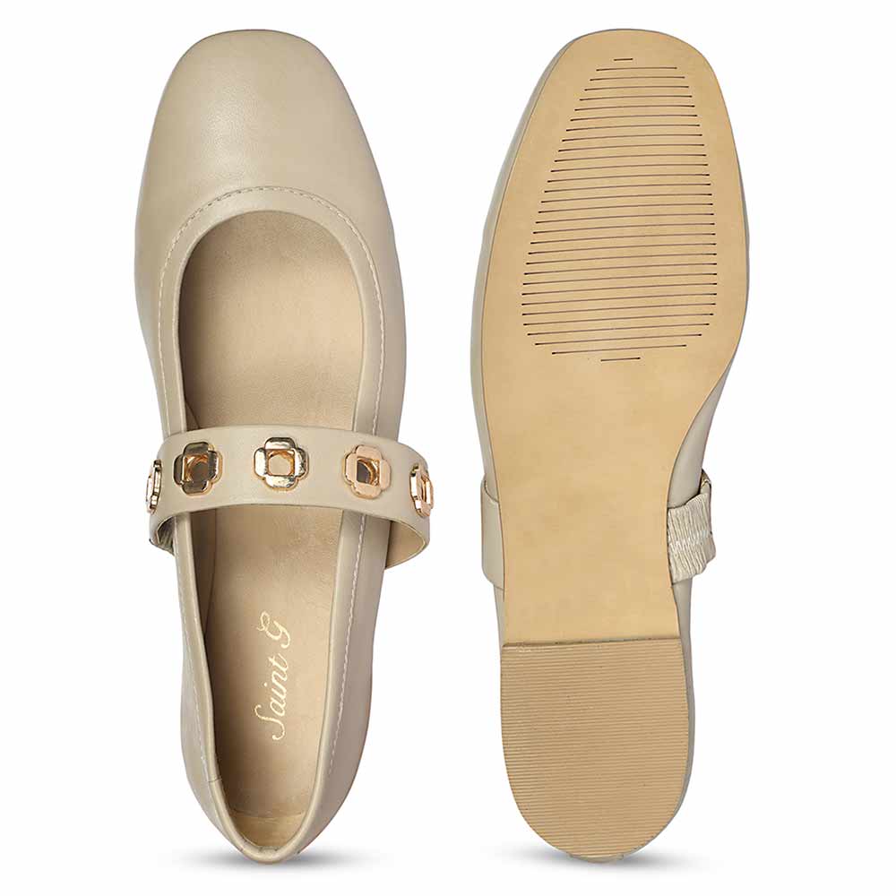 Saint Olwen Flower Eyelets Beige Leather Ballet Flats - Image 6