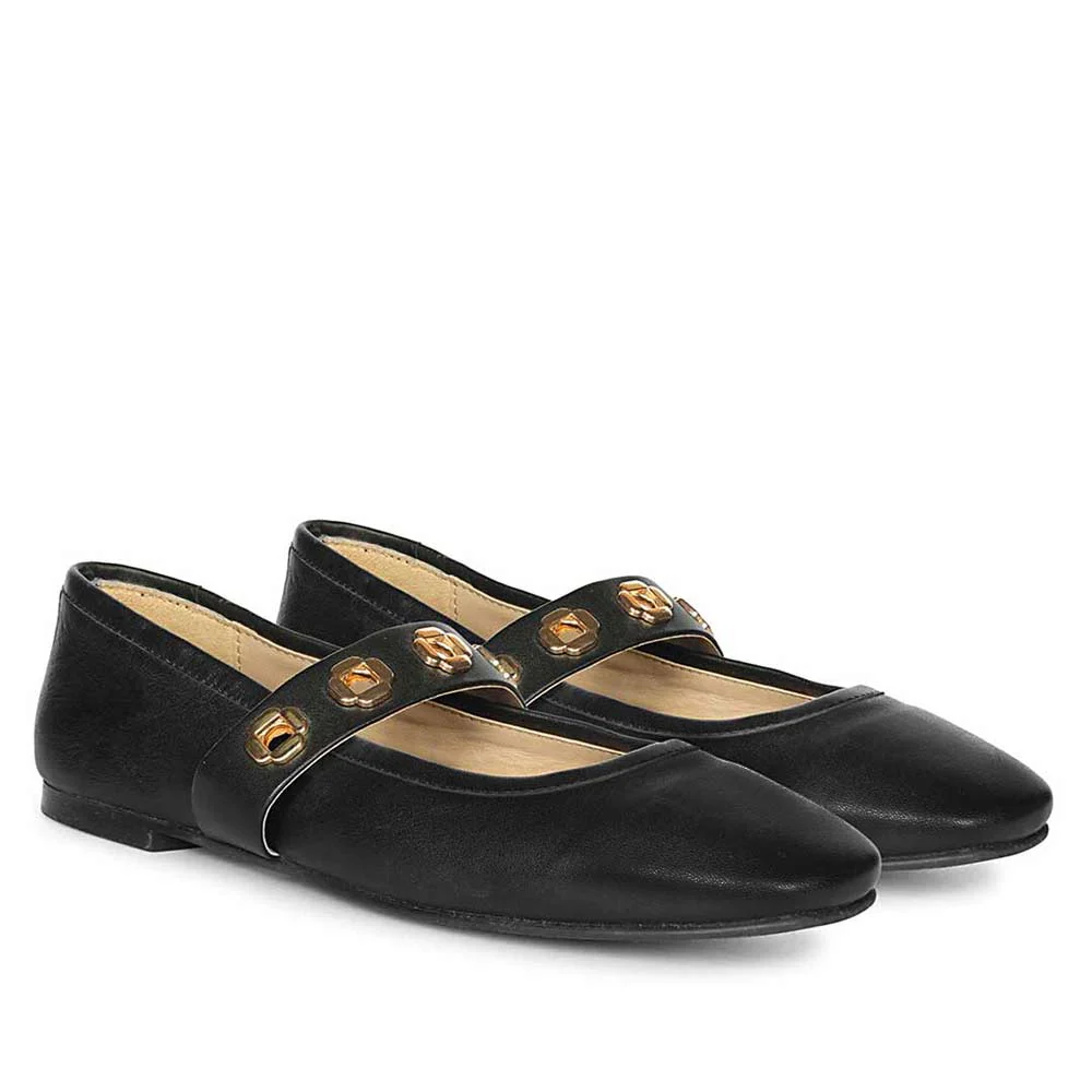 Saint Olwen Flower Eyelets Black Leather Ballet Flats - Image 2