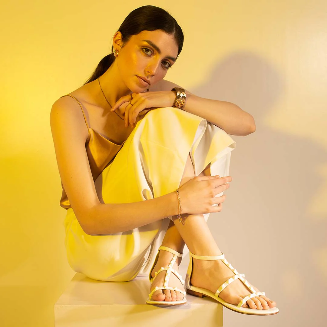 Saint Opal White Pyramid Stud Patent Leather Sandals - Image 2