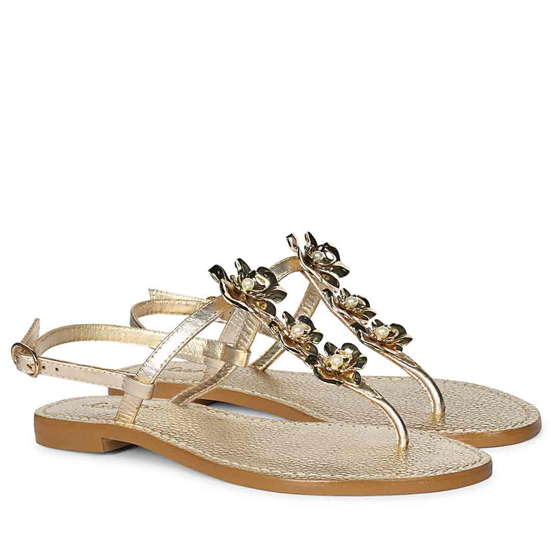 Saint Orion Flower Gold Metallic Leather Sandals - Image 3