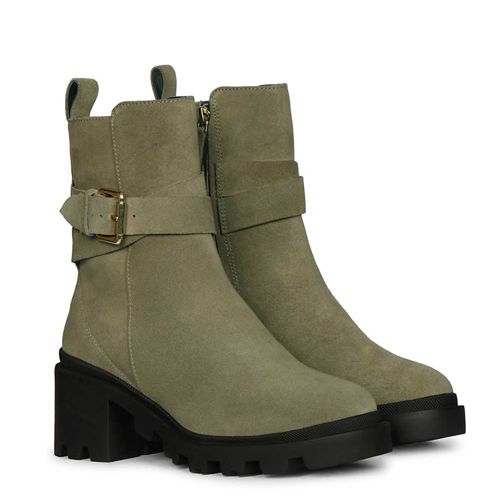 Saint Pamina Olive Suede Leather Buckle High Ankle Boots - Image 2