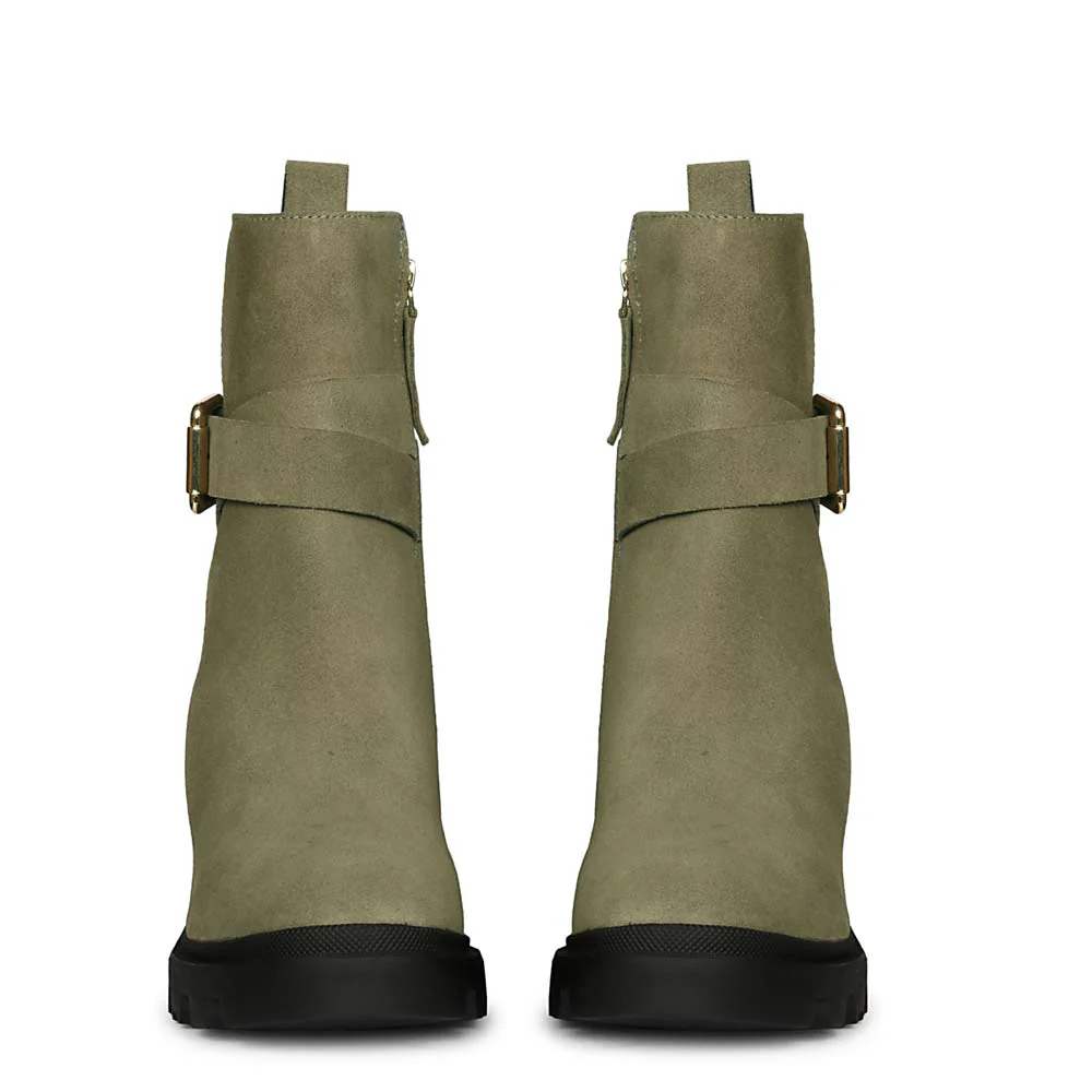 Saint Pamina Olive Suede Leather Buckle High Ankle Boots - Image 4