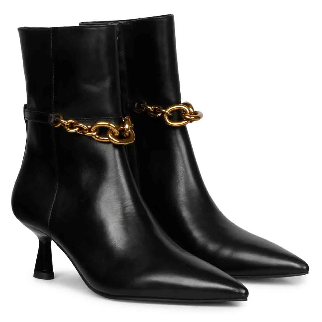 Saint Peony Chain Embellished Black Leather Ankle boots - Image 3