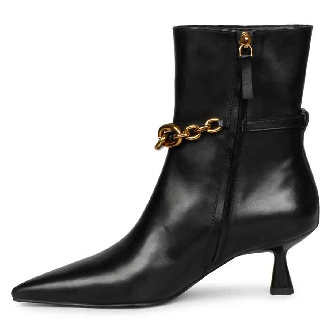 Saint Peony Chain Embellished Black Leather Ankle boots - Image 4