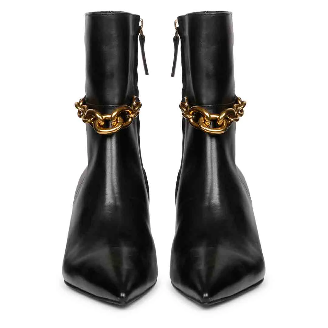 Saint Peony Chain Embellished Black Leather Ankle boots - Image 5