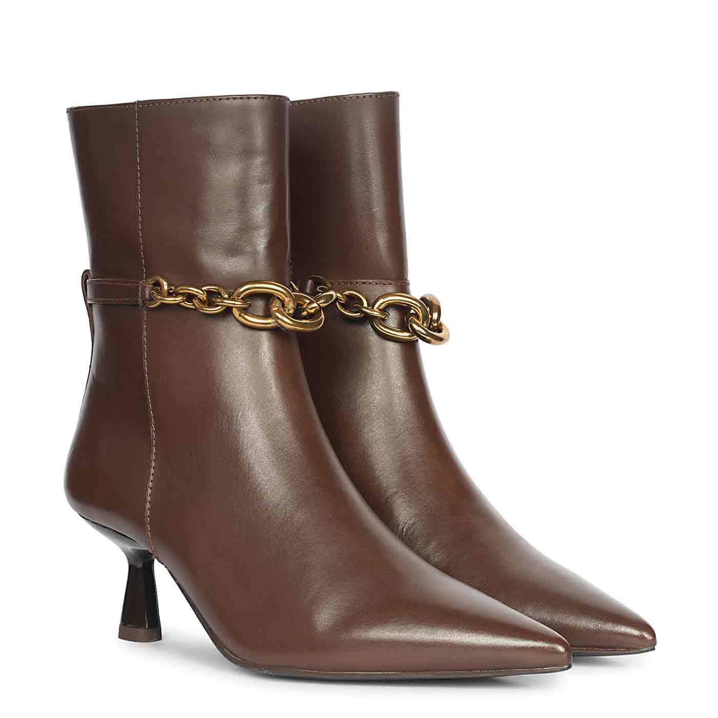 Saint Peony Chain Embellished Brown Leather Ankle boots - Image 2
